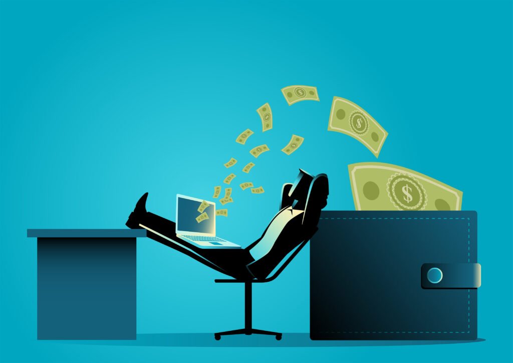 Man relaxing while receiving money transfer from computer into wallet