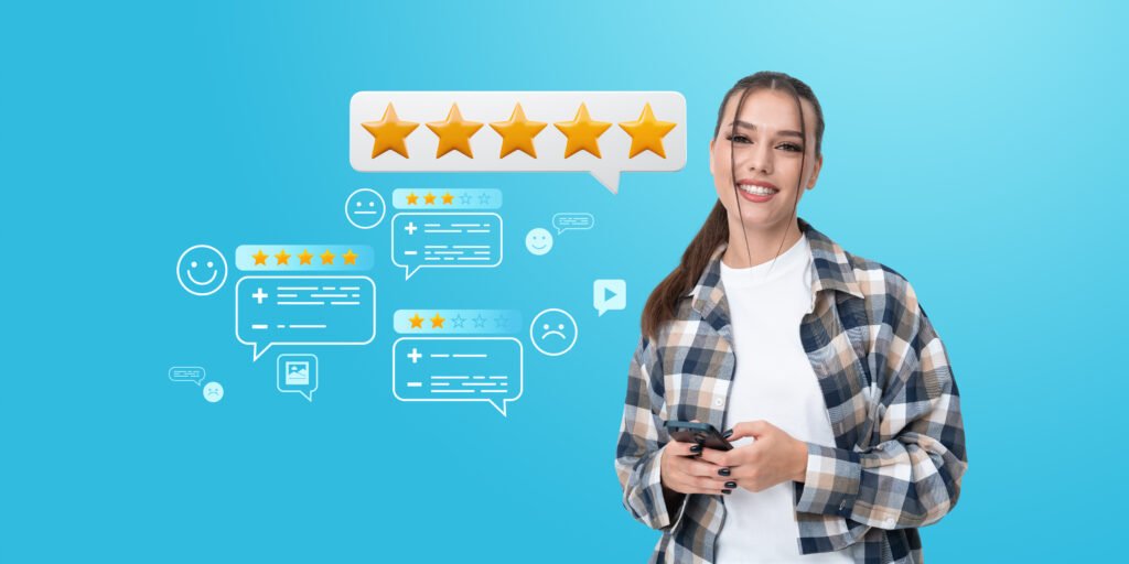 Smiling woman holding phone with customer feedback and five-star review icons on blue background.