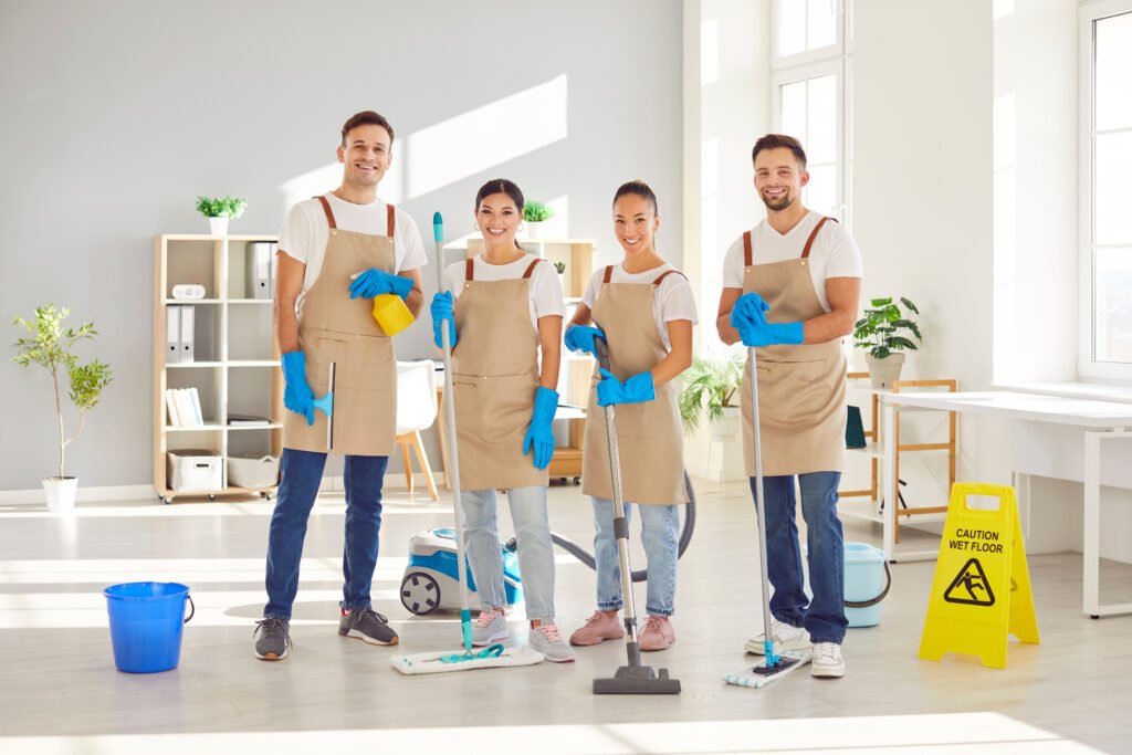 Happy janitors in uniform from professional cleaning service looking at camera.