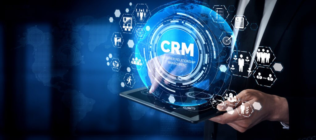 CRM Customer Relationship Management for business sales marketing system concept presented in futuristic graphic interface of service application to support CRM database analysis.