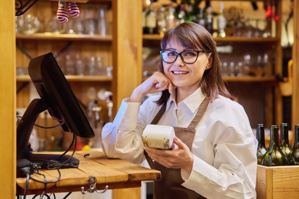 Woman worker manager of restaurant holding wireless banuov payment terminal