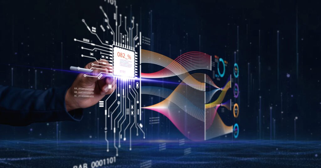 Businessman touched quantum computing on a virtual screen of network server big data, Up to speed and accuracy of processing. Quantum Computer for Industry 4.0 and smart robot business or AI