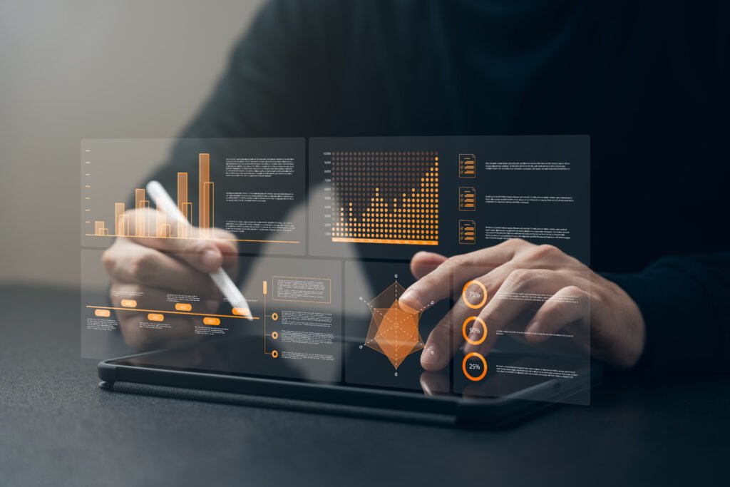 Businessman using tablet analyzing business growth graph data and progress, compass of navigate guiding market direction. Investment, banking and finance, business strategy. Global economy.