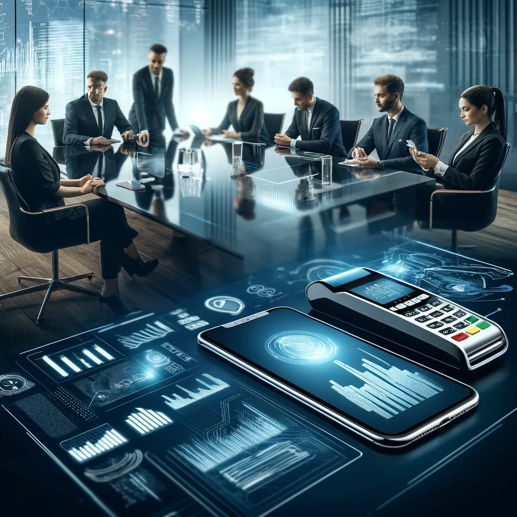 DALL·E 2024-05-02 00.45.36 - A modern and sleek business setting showcasing a diverse group of professionals gathered around a high-tech conference table, discussing digital payme